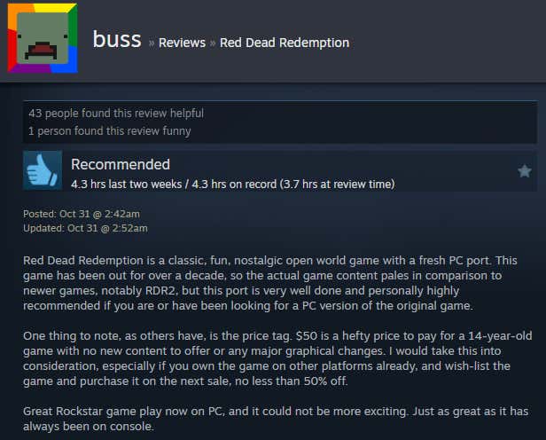 Screenshot of the article titled Red Dead Redemption Remaster, As Reported by Steam Reviews